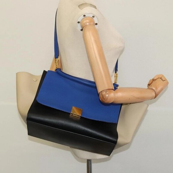 CELINE Trapeze Hand Bag Leather Blue Gold Auth BA990 - Picture 14 of 16